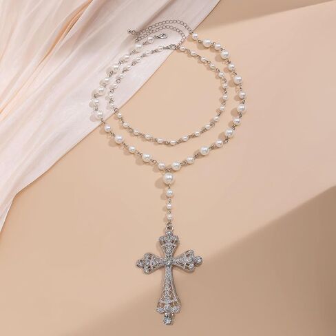 Y2K Goth Faith Cross Necklace with Faux Pearl Chain Double Layers Long Tassels Cross Pendant Necklace in Kuwait