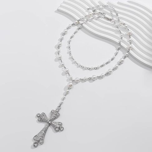 Y2K Goth Faith Cross Necklace with Faux Pearl Chain Double Layers Long Tassels Cross Pendant Necklace in Kuwait