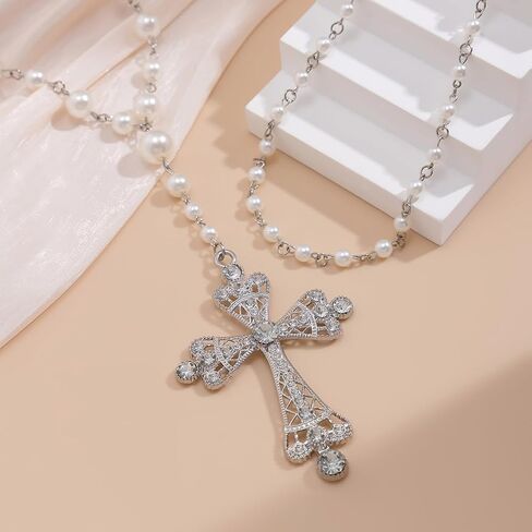 Y2K Goth Faith Cross Necklace with Faux Pearl Chain Double Layers Long Tassels Cross Pendant Necklace in Kuwait