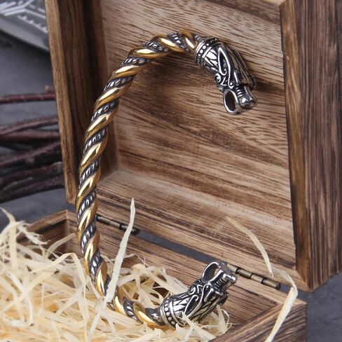Fenrir Wolf Head الإسورة سوار قابل للتعديل، حلقة ذراع الفايكنج، 316L الفولاذ المقاوم للصدأ سوار نورس الاسكندنافي، سوار الشمال مع صندوق خشبي، سوار معصم معدني هدية للرجال in Kuwait