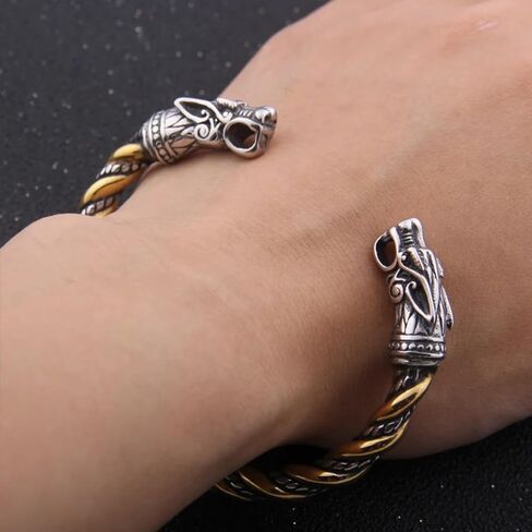 Fenrir Wolf Head الإسورة سوار قابل للتعديل، حلقة ذراع الفايكنج، 316L الفولاذ المقاوم للصدأ سوار نورس الاسكندنافي، سوار الشمال مع صندوق خشبي، سوار معصم معدني هدية للرجال in Kuwait