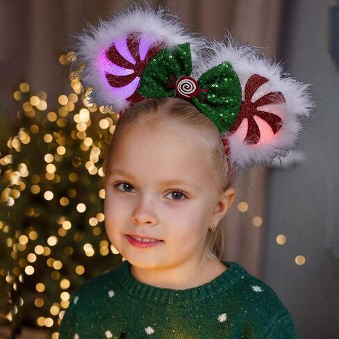 JIAHANG عيد الميلاد LED فلاش ماوس الأذن عقال، مصاصة تضيء فروي حواف الترتر القوس Hairband، متوهجة مهرجان حزب الديكور زي أغطية الرأس للنساء الفتيات in Kuwait