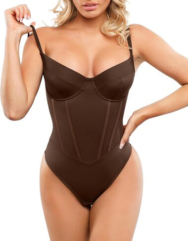 Popilush Corset Bodysuit Built in Bra - V Neck Bodysuits for Women Tummy Control Thong Shapewear Concert Outfits Club Tops in Kuwait