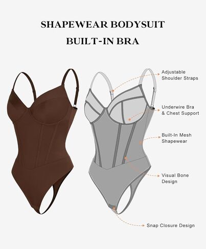 Popilush Corset Bodysuit Built in Bra - V Neck Bodysuits for Women Tummy Control Thong Shapewear Concert Outfits Club Tops in Kuwait