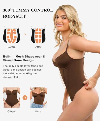 Popilush Corset Bodysuit Built in Bra - V Neck Bodysuits for Women Tummy Control Thong Shapewear Concert Outfits Club Tops in Kuwait