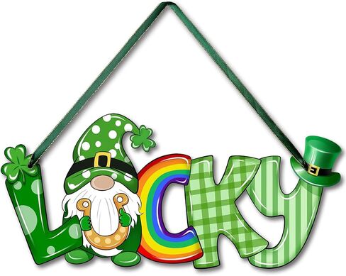 St Patrick's Day Hanging Sign Letter Lucky Gnome Shamrock Printed Wooden Decor Happy St Patrick's Party Irish Spring Holiday Home Front Door Window Wall Porch Ornament Farmhouse Decoration Green in Kuwait