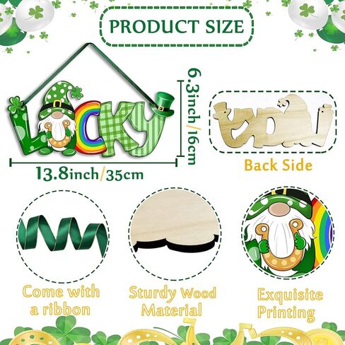 St Patrick's Day Hanging Sign Letter Lucky Gnome Shamrock Printed Wooden Decor Happy St Patrick's Party Irish Spring Holiday Home Front Door Window Wall Porch Ornament Farmhouse Decoration Green in Kuwait