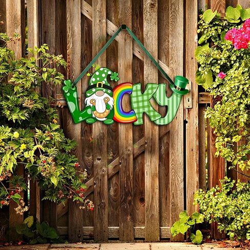 St Patrick's Day Hanging Sign Letter Lucky Gnome Shamrock Printed Wooden Decor Happy St Patrick's Party Irish Spring Holiday Home Front Door Window Wall Porch Ornament Farmhouse Decoration Green in Kuwait