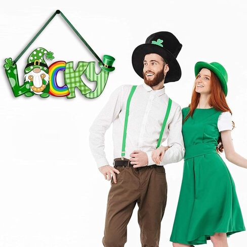 St Patrick's Day Hanging Sign Letter Lucky Gnome Shamrock Printed Wooden Decor Happy St Patrick's Party Irish Spring Holiday Home Front Door Window Wall Porch Ornament Farmhouse Decoration Green in Kuwait