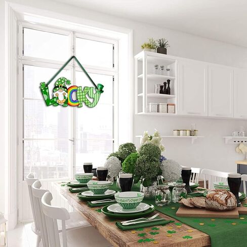 St Patrick's Day Hanging Sign Letter Lucky Gnome Shamrock Printed Wooden Decor Happy St Patrick's Party Irish Spring Holiday Home Front Door Window Wall Porch Ornament Farmhouse Decoration Green in Kuwait