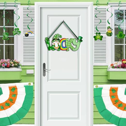 St Patrick's Day Hanging Sign Letter Lucky Gnome Shamrock Printed Wooden Decor Happy St Patrick's Party Irish Spring Holiday Home Front Door Window Wall Porch Ornament Farmhouse Decoration Green in Kuwait