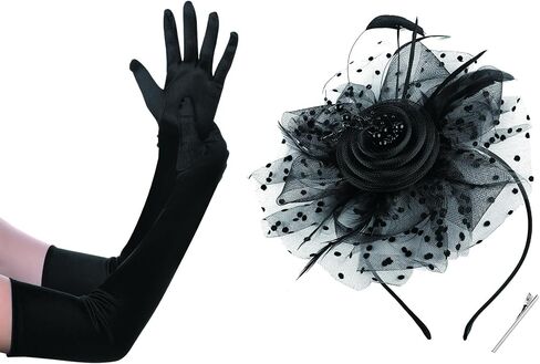 BABEYOND Long Opera Party 1920s Satin Tea Party Gloves Costume Stretchy Adult Size Elbow Length Fascinator Hat Veil Feather Fascinators Hair Clip Tea Party Pillbox Derby Hat in Kuwait