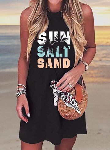 Sun Salt Sand Coconut Tree Tank Mini Dress for Women Sleeveless Beach Praty Shirts Summer Vacation Short Mini Dresses in Saudi Arabia