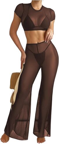 Verdusa Women's 2 Piece Sheer Mesh Bikini Cover Up Sets Crop Top and Wide Leg Pants in Saudi Arabia