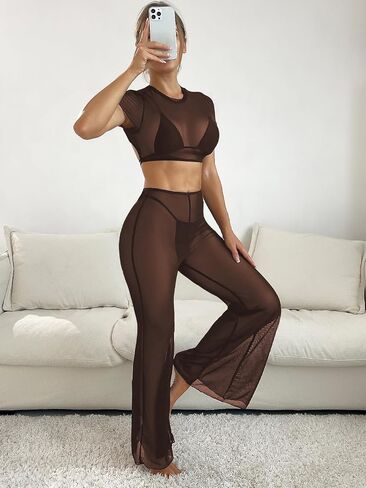 Verdusa Women's 2 Piece Sheer Mesh Bikini Cover Up Sets Crop Top and Wide Leg Pants in Saudi Arabia