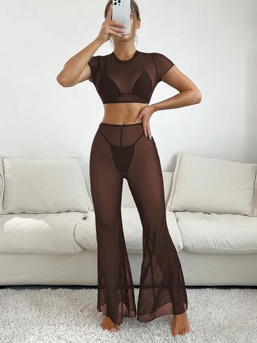 Verdusa Women's 2 Piece Sheer Mesh Bikini Cover Up Sets Crop Top and Wide Leg Pants in Saudi Arabia