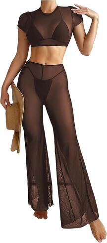 Verdusa Women's 2 Piece Sheer Mesh Bikini Cover Up Sets Crop Top and Wide Leg Pants in Saudi Arabia