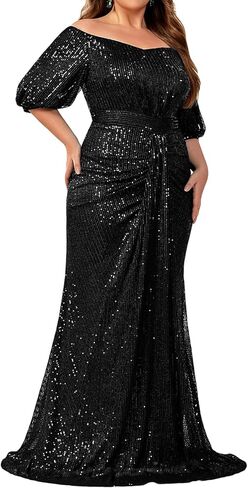 Madam Uniq Women Plus Size Short Sleeve Sequin 1920s Dress Off Shoulder Maxi Formal Cocktail Wedding Party Evening Gown in Kuwait