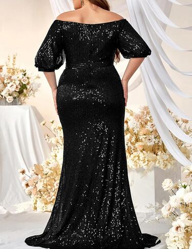 Madam Uniq Women Plus Size Short Sleeve Sequin 1920s Dress Off Shoulder Maxi Formal Cocktail Wedding Party Evening Gown in Kuwait