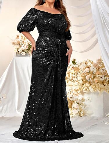 Madam Uniq Women Plus Size Short Sleeve Sequin 1920s Dress Off Shoulder Maxi Formal Cocktail Wedding Party Evening Gown in Kuwait