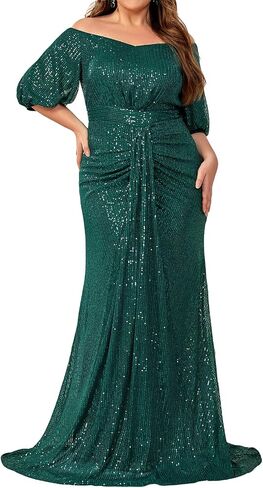 Madam Uniq Women Plus Size Short Sleeve Sequin 1920s Dress Off Shoulder Maxi Formal Cocktail Wedding Party Evening Gown in Kuwait