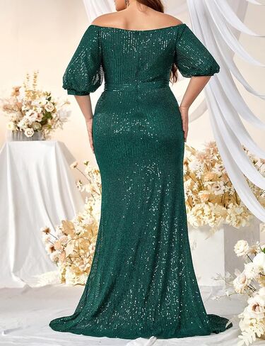 Madam Uniq Women Plus Size Short Sleeve Sequin 1920s Dress Off Shoulder Maxi Formal Cocktail Wedding Party Evening Gown in Kuwait