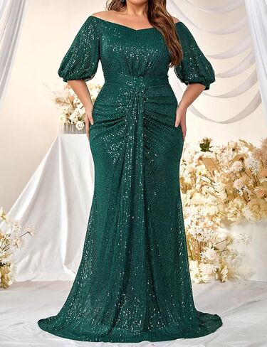Madam Uniq Women Plus Size Short Sleeve Sequin 1920s Dress Off Shoulder Maxi Formal Cocktail Wedding Party Evening Gown in Kuwait