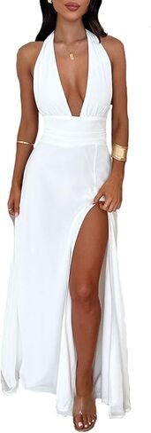 Halfword Women's Summer 2024 Deep V Neck Sexy High Slit Infinity Backless Club Party Date Night Maxi Dress in Kuwait