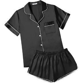 Ekouaer Womens Silk Satin Pajamas Short Sleeve Sleepwear Soft Button Down Loungewear 2 Piece PJS Shorts Set S-XXL