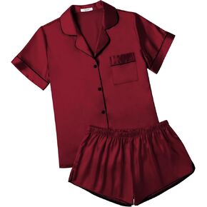 Ekouaer Womens Silk Satin Pajamas Short Sleeve Sleepwear Soft Button Down Loungewear 2 Piece PJS Shorts Set S-XXL