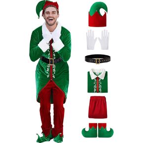 Arvilhill 6 Pcs Men's Christmas Elf Costume Deluxe Santa Helper Outfits with Coat Pants Hat Gloves Belt (S-XXL)