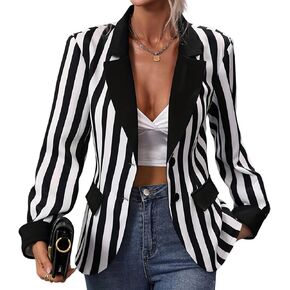 OBEEII Womens Black and White Striped Blazer Long Sleeve Single-Breasted Button Vertical Striped Blazer Office Work Jacket