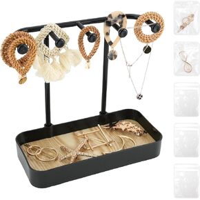 WCHOSOZH Jewelry Organizer Stand, Necklace Holder with Wooden Tray 5 Storage Hooks, Earring Holder with 5 Pcs Jewelry Bags for Bracelet,Chains,Rings,Earrings,Keys Watches,Necklaces (White)