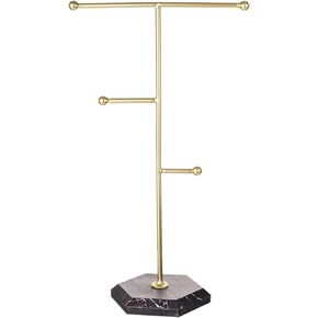 Jewelry Organizer Marble Necklace Stand T-Bar Plated Metal Tabletop Jewelry Organizer Tower for Bracelets, Necklaces and Earrings(Gold)