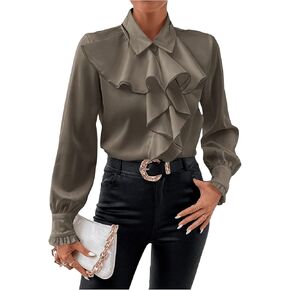 OYOANGLE Women's Elegant Solid Ruffle Trim Flounce Long Sleeve Button Down Work Office Blouse Shirt Top