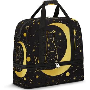 Gym Bag for Men Women, Carry on Travel Duffel Bag with Trolley Sleeve, Black Cat Waterproof Weekender Overnight Bags with Shoes and Wet Clothes Compartment for Sleepover Workout Sports