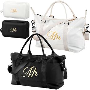 Sanwuta 4 Pcs Mrs Mr Duffel Bag Set Include 2 Pcs Large Wedding Honeymoon Travel Bags and 2 Pcs Toiletry Bags Lightweight Weekender Bags Gym Tote Bag for Bride Groom His and Hers Party Gift