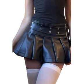 Molisry Women's Faux Leather Skirt Low Waisted Sexy A-Line Trendy Belted PU Black Pleated Ruffle Mini Skirt Steampunk