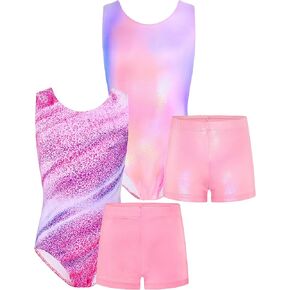 TENVDA Bundles of Gymnastics Leotards for Girls 6-7 Years Old Pink Blue and Stripes Print Sleeveless Tumbling Outfit Matching Shorts Sets