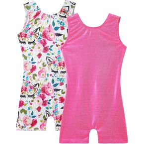TENVDA 2 Pack Gymnastics Leotards for Girls 4t 5t Sparkly Unicorn Print and Hotpink Sleeveless Tumbling Biketard