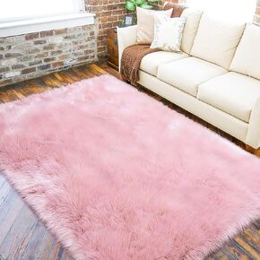 LOCHAS Soft Fluffy Faux Fur Rugs for Bedroom Bedside Rug 2x3 Feet, Washable, Furry Sheepskin Area Rug for Living Room Girls Room, Luxury Shag Carpet Home Decor, Pink