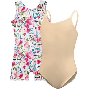 TENVDA Bundles of Gymnastics Leotards for Girls Size 5-6 Years Old White Unicorn Biketard and Nude Undergarment Ballet Bodysuit