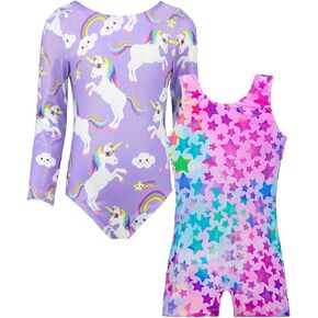 TENVDA Bundles of Gymnastics Leotards for Girls 2t 3t Sparkly Hot Pink Stars and Purple Unicorn Print Tumbling Outfit