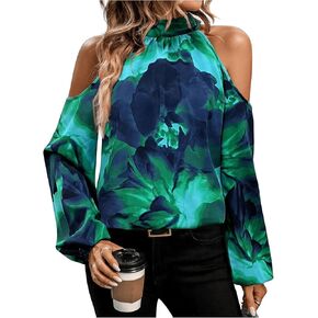 SweatyRocks Women's Graphic Print Cut Out Cold Shoulder Self Tie Neck Lantern Sleeve Blouse Tops