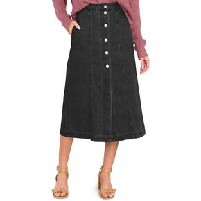 Wenrine Women's Button Down Denim Skirt High Waisted Casual Loose Jean Midi Skirts with Pockets