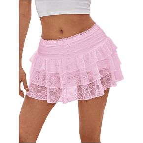 SHENHE Women's Lace Mini Skirts Y2K Low Rise Layered Ruffle Flowy Summer Casual Mini Skirt