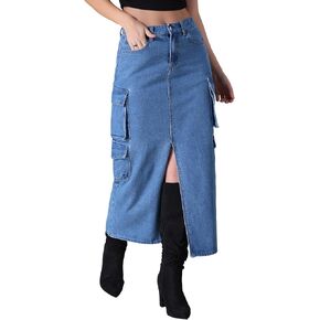 Women's Maxi Denim Skirt Front Split Button Front Elastic Waist Streetwear Flap Pockets Cargo Jean Skirts