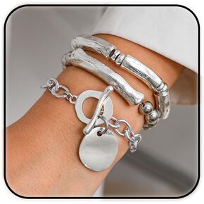 ZMANYIJEW Chunky Silver Bracelet Set for Women Men 3PCS Layered Bracelet Lock Round Chain Bracelet Punk Jewelry