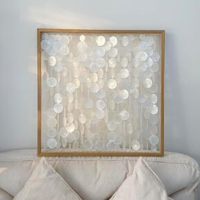 Bergamot 3D Handmade 24"x24" Capiz Shell Wooden Framed Wall Art, Coastal Wall Art Décor, Minimalist White Sea Shell Wall Decor for Living Room, Bedroom, Office
