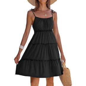 Caracilia Womens Summer Casual Spaghetti Strap Sleeveless Mini Dress Boho Tiered Ruffle Flowy Swing Short Beach Sundress